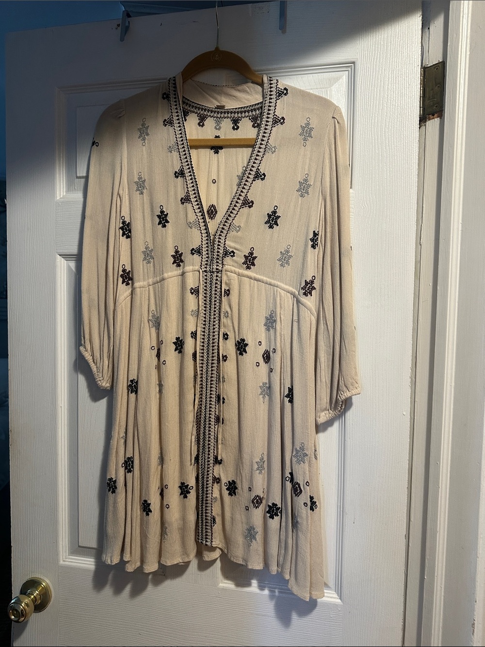 Free People Beige Embroidered V-Neck Tunic with Black & Gray Accents